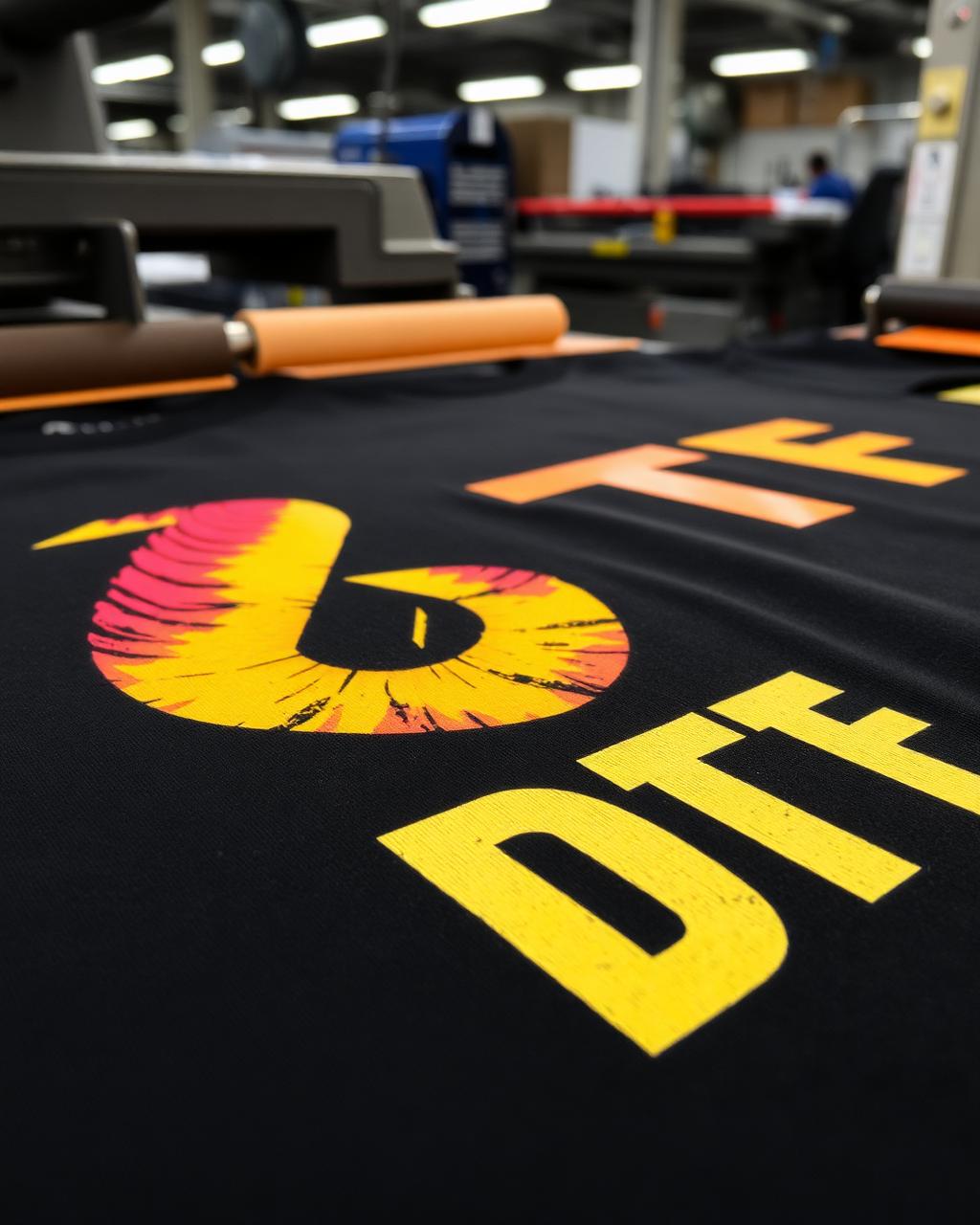 Detalhe de impressão DTF em camiseta preta